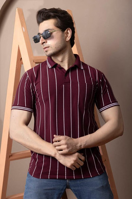 RosyRains Printed Men Polo Neck Maroon T-Shirt