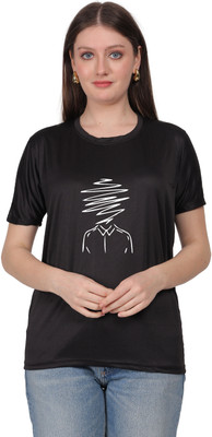 M A TRADERS Printed Women Round Neck Black T-Shirt