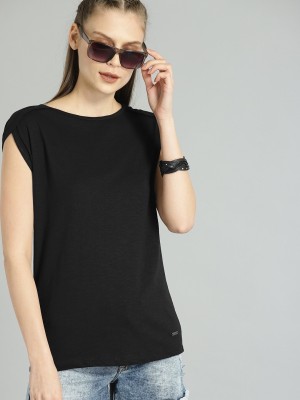 Roadster Solid Women Round Neck Black T-Shirt