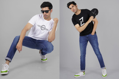 Elibolz Printed Men Round Neck White, Black T-Shirt