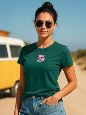 JUNEBERRY Printed Women Round Neck Dark Green T-Shirt