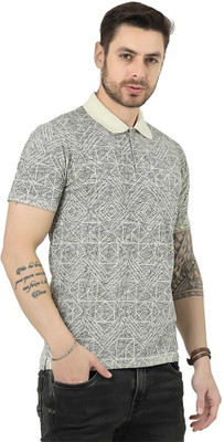 COLORTRAIT Geometric Print Men Polo Neck White T-Shirt