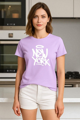 Elvia Printed Women Round Neck Purple T-Shirt