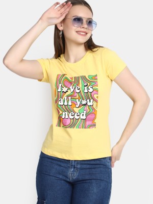 V-MART Printed Women Round Neck Yellow T-Shirt