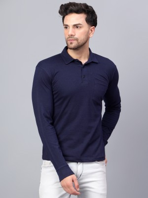 Fleximaa Solid Men Polo Neck Navy Blue T-Shirt