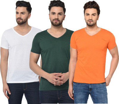 JB Jagoboy Solid Men V Neck Dark Green, White, Orange T-Shirt