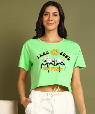 Moda Rapido Printed Women Round Neck Light Green T-Shirt