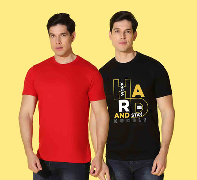WOOSTRO Printed Men Round Neck Red, Black T-Shirt