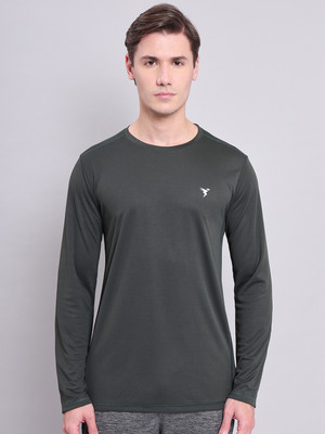 TECHNOSPORT Solid Men Crew Neck Green T-Shirt