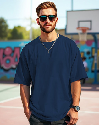 Zoomen Solid Men Round Neck Dark Blue T-Shirt