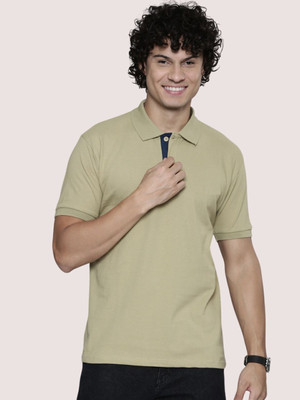 TELOXY Solid Men Polo Neck Beige T-Shirt