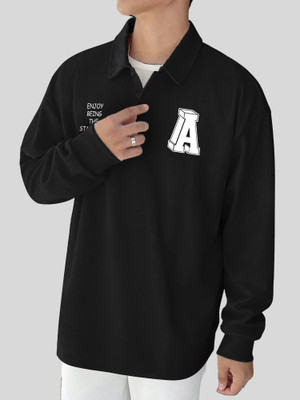 Jump Cuts Printed Men Polo Neck Black T-Shirt