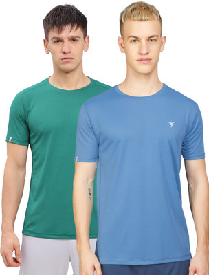 TECHNOSPORT Solid Men Round Neck Green, Blue T-Shirt