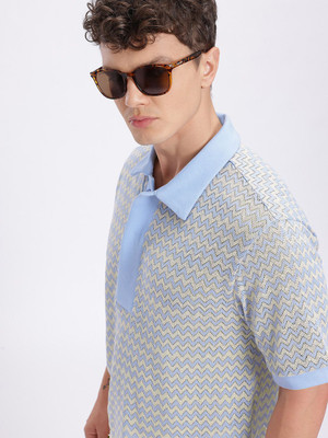 Glitchez Self Design Men Polo Neck Blue T-Shirt