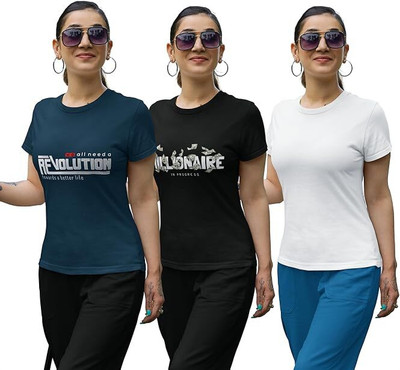 Carbonyte Printed Women Round Neck Navy Blue, White, Black T-Shirt