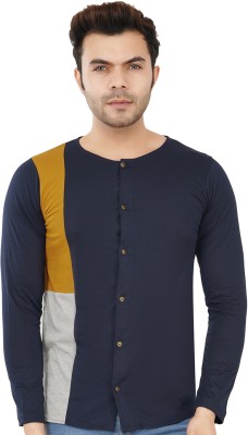 Styvibe Colorblock Men Round Neck Navy Blue T-Shirt