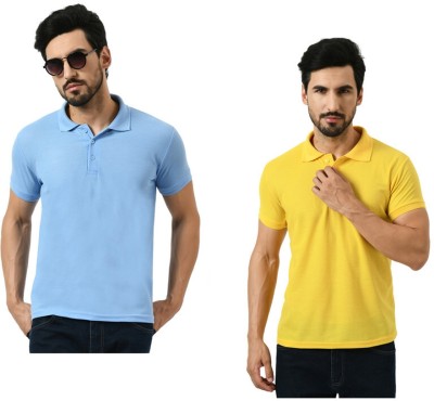 IndiWeaves Solid Men Polo Neck Light Blue, Yellow T-Shirt