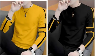 TEE TREE Solid Men Round Neck Yellow, Black T-Shirt