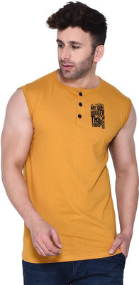 Lawful Casual Printed Men Henley Neck Gold T-Shirt