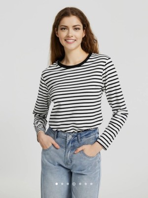 Helpom Striped Women Round Neck Black, White T-Shirt