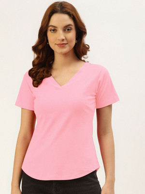 BRINNS Solid Women V Neck Pink T-Shirt