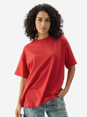 The Souled Store Solid Women Round Neck Red T-Shirt