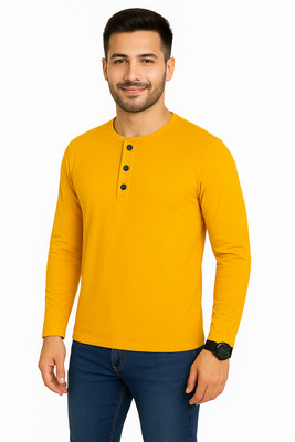 Money Leaf Solid Men Henley Neck Yellow T-Shirt
