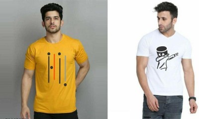 goyal saree palace Printed Men Round Neck Yellow, White T-Shirt