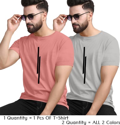 KAJARU Printed Men Round Neck Pink, Grey T-Shirt