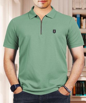 VeBNoR Solid Men Zip Neck Light Green T-Shirt