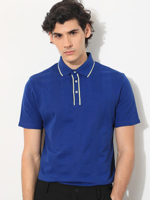RARE RABBIT Solid Men Polo Neck Dark Blue T-Shirt