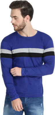 HOC Striped Men Round Neck Blue T-Shirt