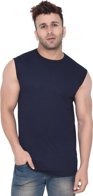 GEUM Solid Men Round Neck Dark Blue T-Shirt