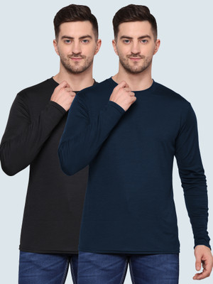 TQH Solid Men Round Neck Black, Navy Blue T-Shirt