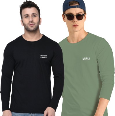 London Hills Solid Men Round Neck Black, Light Green T-Shirt