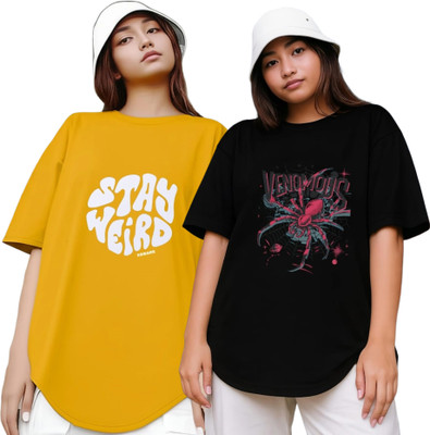 Xsware Printed Women Round Neck Yellow, Black T-Shirt