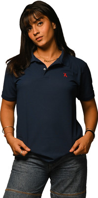 JOYKART Solid Women Polo Neck Dark Blue T-Shirt