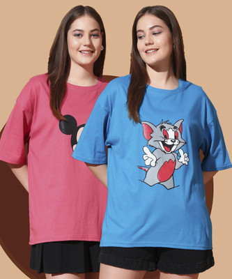 DreamBe Cartoon Women Round Neck Blue, Pink T-Shirt