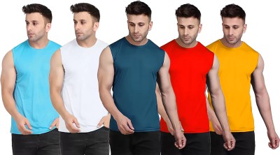 Renowned Solid Men Round Neck Light Blue, White, Blue, Red, Yellow T-Shirt