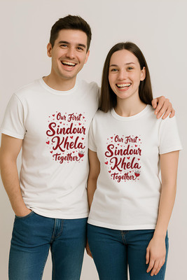 Binayak Graphic Print Couple Round Neck White T-Shirt