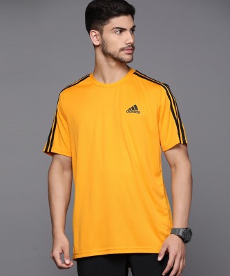 ADIDAS Striped Men Round Neck Gold T-Shirt