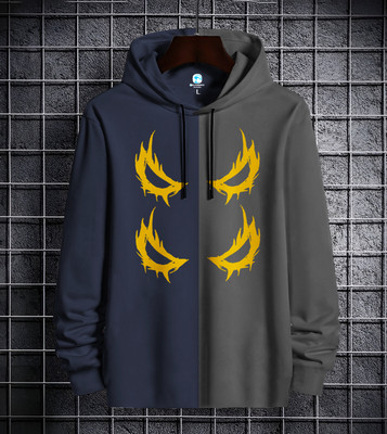 KELONBRO Printed Men Hooded Neck Dark Blue, Grey T-Shirt