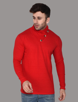 Money Leaf Solid Men High Neck Red T-Shirt