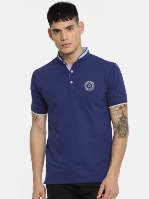 BEING HUMAN Solid Men Mandarin Collar Blue T-Shirt