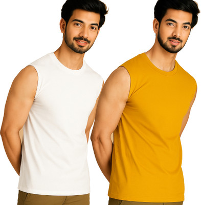 Jangoboy Solid Men Round Neck White, Yellow T-Shirt