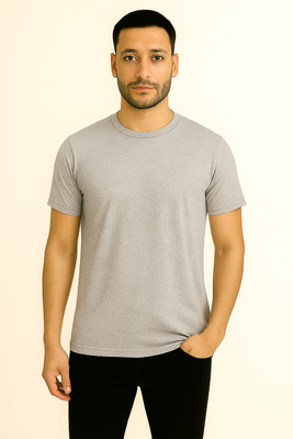 shian apparels Solid, Self Design Men Round Neck Grey T-Shirt