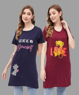 TRADSTER Striped, Printed Women Round Neck Navy Blue, Maroon T-Shirt