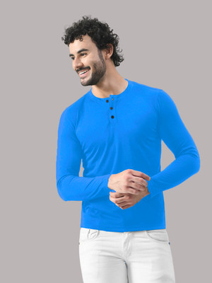 GEUM Solid Men Henley Neck Blue T-Shirt
