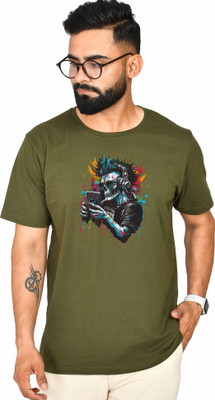Burundi Blu Printed Men Round Neck Green T-Shirt