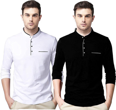 JB Jagoboy Solid Men Mandarin Collar White, Black T-Shirt